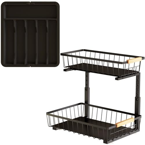 Rangement sous évier métal-Organisateur sous Evier Tiroir Coulissant à Extraction avec butée-Organisateur métal sous evier Ajustable-Panier sous evier avec Range Couvert Extensible