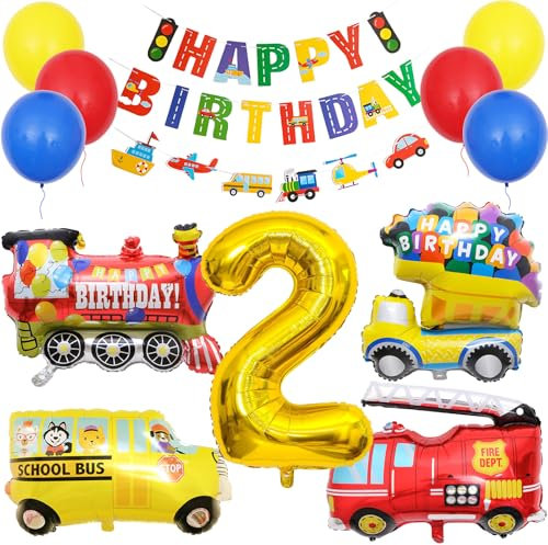 KOBOKO Auto Geburtstagsdeko 2 Jahre Junge, Luftballon 2. Geburtstag Junge Auto Deko, Ballon 2 Geburtstag Junge Feuerwehr Deko, Truck Folienballon 2 Geburtstagsdeko Kinder mit Happy Birthday Banner