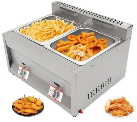 Kindevieft Friteuse à Gaz Commerciale De Comptoir, Machine à Frire à Gaz en Acier Inoxydable avec 10 L/10,57 QT * 2 Bacs Et Couvercles Amovibles, Friteuse à Double RéServoir pour Frites, Restaurant