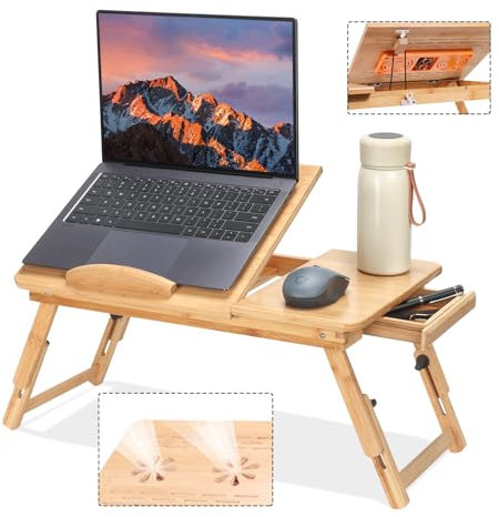 Adjustable Bamboo Laptop Desk with Cooling Fan, Foldable Bed Tray for Breakfast, Writing, and Drawing, with Tilting Top and Drawer, Portable Lap Desk for Bed, Sofa, and Floor. (bamboo)