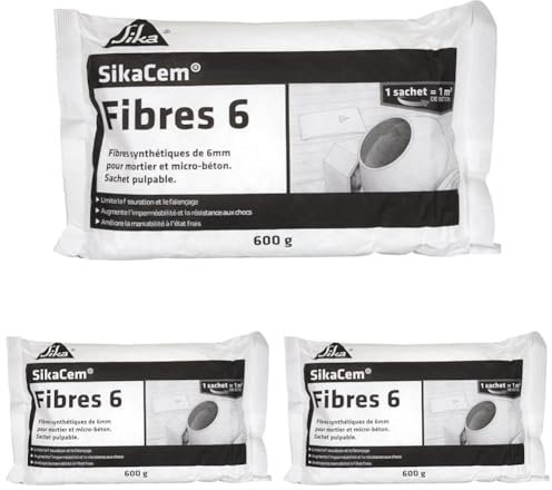 SIKA - Fibre Synthétique pour Enduits et Mortiers - SikaCem Fibres 6 Blanc - Augmente l'imperméabilité et la résistance aux chocs - Limite la fissuration et le faïençage - 600 g (Lot de 3)