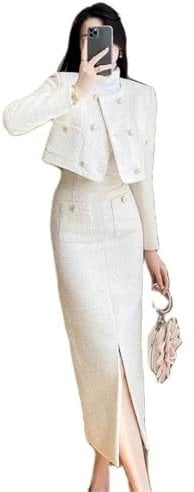 Damenduft, grober Tweed, zweiteiliges Set, Eleganz, Temperament, O-Ausschnitt, Kurzmantel + geteilte Röcke, Anzüge, weiß, M