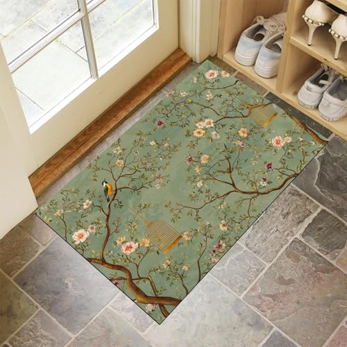 JEDTAKCT Orientalische Blumen Teppich Wohnzimmer Schlafzimmer Retro-Tiere Waschbare Fußmatte Innen Dunkelgrün Kurzflor rutschfest Dünne Fussmatte Schmutzfangmatte Für Küche 50X80Cm