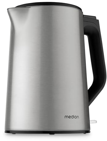 MEDION Bouilloire en inox (1,5 L, 2.200 W, base 360°, maintien au chaud, témoin LED, double paroi inox, MD12105) argenté