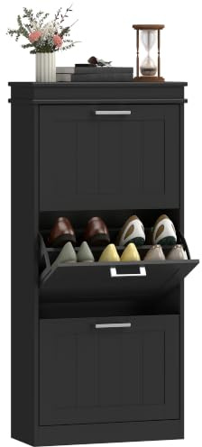 HOMCOM 3 Flip Drawers Narrow Shoe Cabinet, Adjustable Shelves, Black | Holds 15 Pairs, Narrow Shoe Storage Cabinet