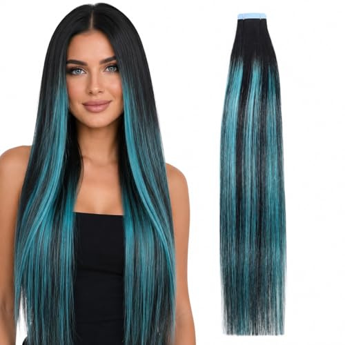 Tape In Extensions Balayage Schwarz Blaugrün Echthaar 45 cm 10 Stück