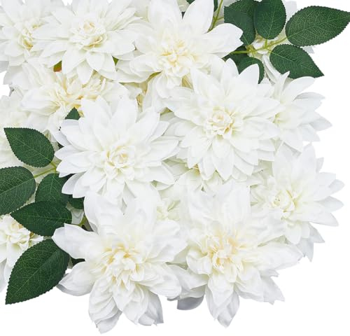 INFUNLY 28 Pcs White Artificial Dahlia 5.5 Inches Silk Fake Flower Faux Lifelike Dahlia Bulk with Stems Artificial Flowers for Vase DIY Wedding Bridal Bouquets for Party Home Office Decor