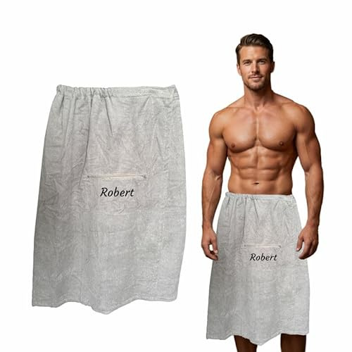FOTOFOL Personalisierter Saunakilt für Damen/Herren | Mit Namen oder Wunschtext Bestickt | Saunahandtuch mit Klettverschluss (Hellgrau)