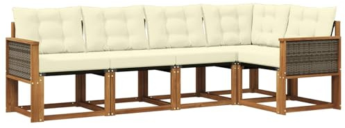 vidaXL Outdoor-Sofagarnitur mit Kissen 5 pcs Natur und Creme, Moderne Garten-Sofaset, wetterfestes Möbel, Bequeme Liege, stilvolles Outdoor-Sitzen für Entspannung