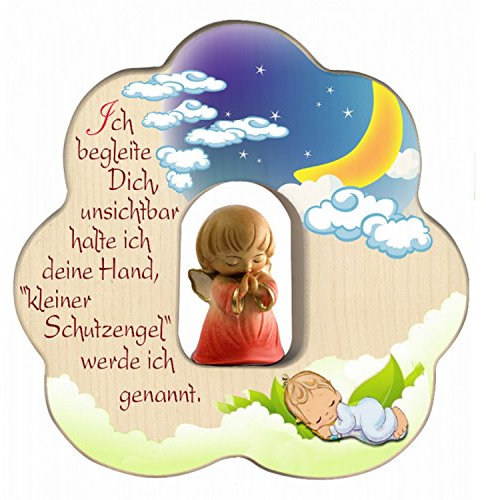 MaMeMi Schutzengel-WANDBILD in ROT mit Gebetsbüchlein für MÄDCHEN, ca. 12 cm, 3D-Engel mit Gold, Spruch & Nachtszene, Geschenk zur Taufe oder Geburt