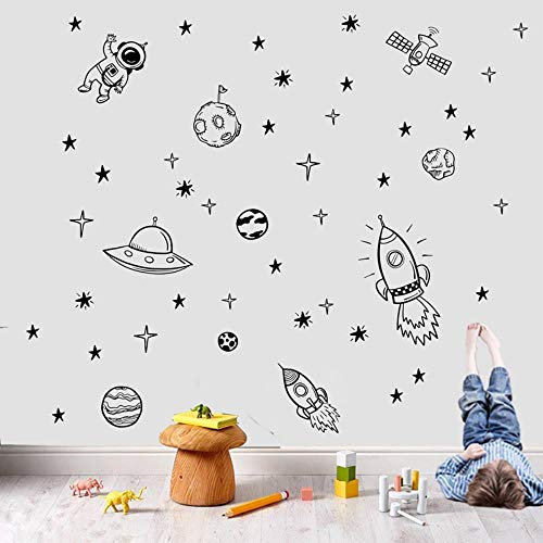 Kreativer Vinyl-Wandaufkleber mit Raketenschiff, Astronaut, für Jungenzimmer, Raumdekoration, Weltraum, Kinderzimmer, Schlafzimmer, Dekor, NR13, Dunkelgrau, 65 x 42 cm
