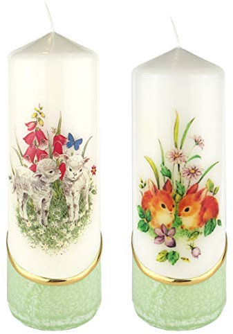 Meissner-Handel Auswahl * 2 Stück Osterkerze Stumpenkerze Osterdeko * 6 x 18 cm * mit farbigen Wachs- und Bildauflagen * Auswahl Motiv + Farbe * grün * (Serie 3 - Set 10/13)
