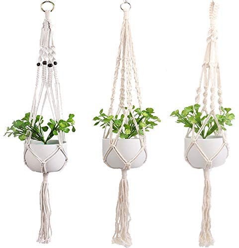 3X Set Premium Makramee Blumenampel 100cm Innen Außen Garten Blumentopf Halter Macrame Hängepflanzen Topf Balkondekoration Lounge Deco Blumen Ampel Balkon Wandbehang Boho Pflanzenhänger Pflanzenampel