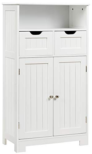 COSTWAY Meuble de Salle de Bain, Commode Blanc de Toilette avec 2 Tiroirs et 2 Portes, Meuble sur Pied Polyvalent pour Entrée, Salon, 60 x 30 x 109 cm (Blanc)