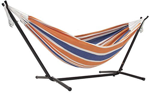 Vivere UHSDO8-40 Doppel Baumwolle Hängematte mit Hängemattengestell 250 cm, Orange Punch