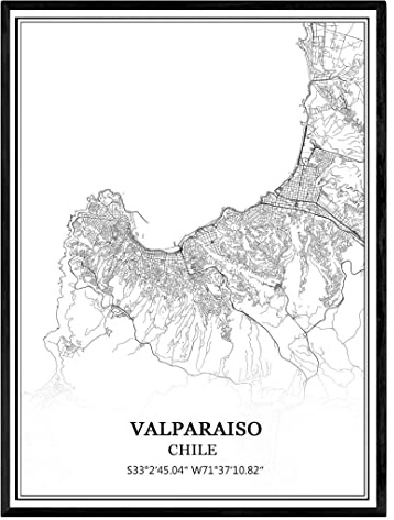TANOKCRS Valparaíso Chile Karte Wandkunst Leinwand drucken Poster Artwork ungerahmt moderne Schwarz-Weiß-Karte Souvenir Geschenk Home Decor 23x28cm
