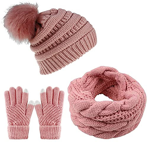 CheChury Damen Winter Mütze Schal Handschuh-Set Rosa Acryl 3-in-1 Warm Halstuch Pompon Loopschal Beanie Touchscreen Handschuhe Outdoor Geschenk