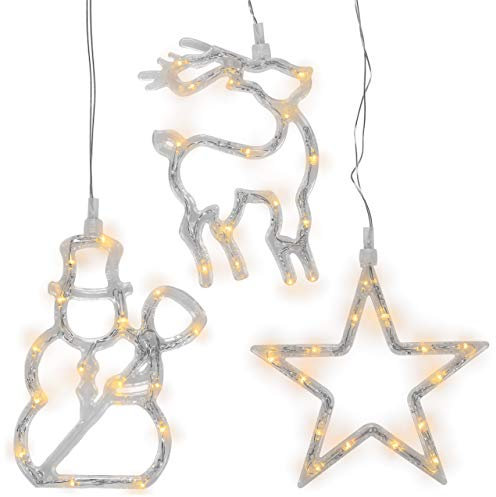 Nipach 3er Set Fensterbilder LED warm weiß mit Saugnapf und Frosteffekt - Motive: Schneemann Rentier Stern