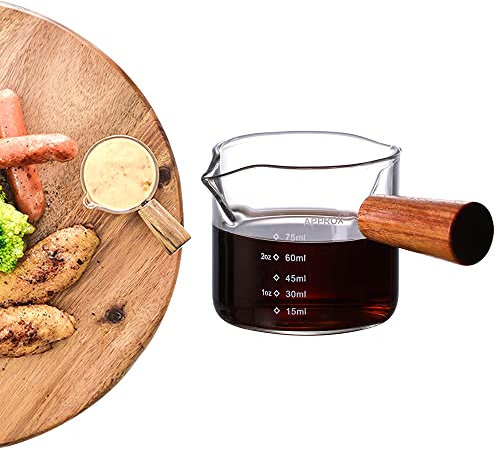 Haute Verre Borosilicaté Tasse Transparente, Tasse à Expresso, Petits Bols à Dessert, Pots à Lait avec Poignée en Bois de Cuisine, Facile à Nettoyer, pour Expresso, Lait,Sauce (100ML)