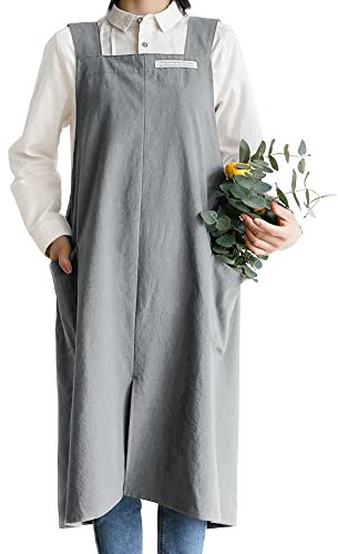 Small snail Baumwolle Leinen Schürzen Einfarbig Japanischer Stil Kreuz Zurück Schürze mit Tasche Retro Literatur Kunst Blumenladen Kleidung für Damen Herren Küche Kochschürzen Übergröße Grau