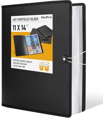 Nicpro 11x14 Art Portfolio Folder, 30 Pockets Display 60 Pages Art Painting Portfolio Binder with Clear Plastic Sleeves, Presentation Storage Book for Kids & Artists Artwork Drawing - (Black)