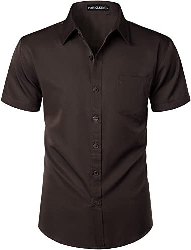 PARKLEES Mens Casual Urban Stylish Slim Fit Short Sleeve Button Up Dress Shirt with Pocket Brown XL