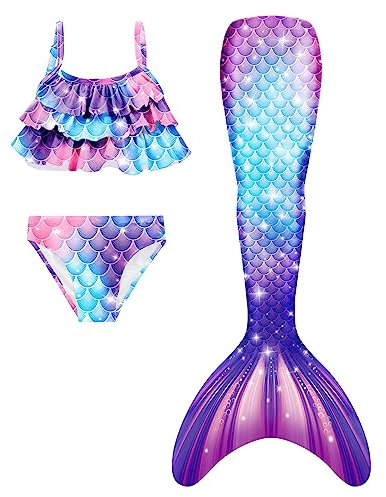 NAITOKE Meerjungfrauenschwanz zum Schwimmen für Kinder mit Bikini für Mädchen,3pc ohne Monoflosse