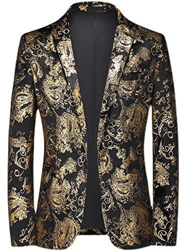 TnmZi Blazer Veste Homme Mode Imprimer Slim Fit Costume Veste Homme Printemps Automne Urbain Affaires Veste Décontracté Homme Avec Poches Bal De Promo Veste Manche Longue Homme E-Gold M