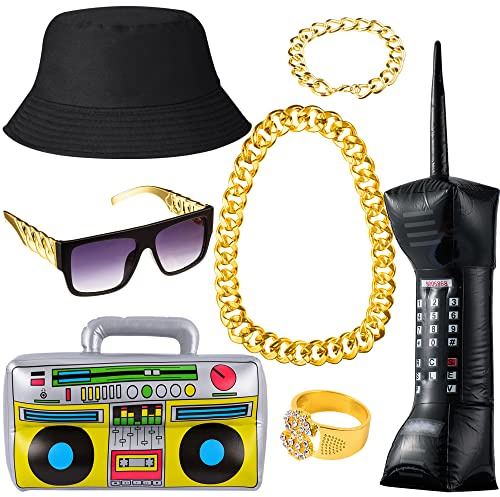 Peirich Jahre Rapper Hip Hop Kostüm Kit, 7Pack 80er/90er Jahre Party Zubehör Dekorationen Cosplay Requisiten 80er Jahre 90er Jahre Kostüme Outfit für Männer Frauen