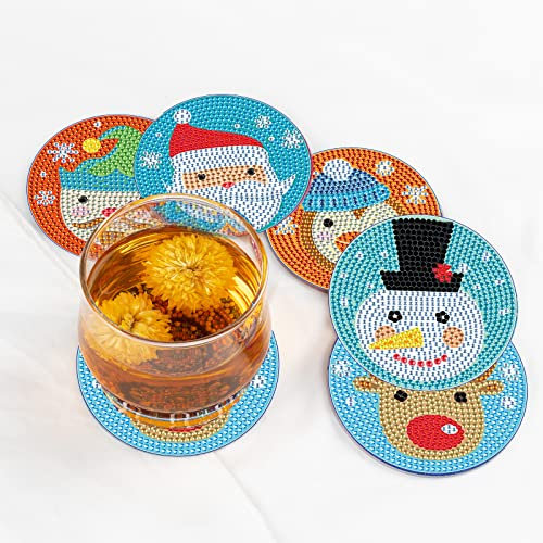 Set di 6 Diamond Painting Sottobicchieri in Vetro Bevande Sottobicchieri Babbo Natale Pupazzo di Neve Alci con Supporto per Candele Sottobicchieri per Bicchieri da Vino Puzzle con Perline da Incollare