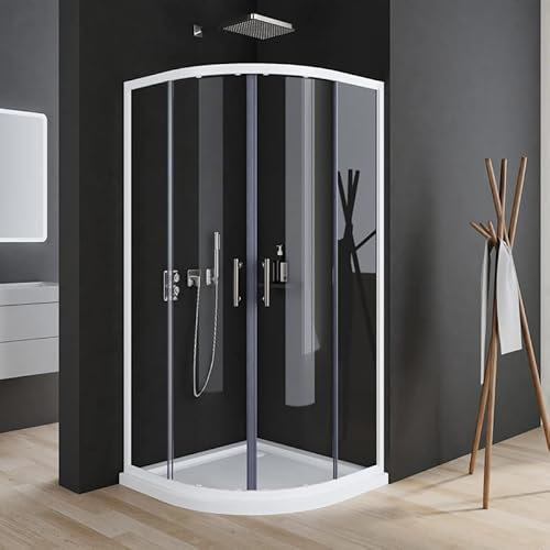 Duschkabine 90x90x185cm Viertelkreis Weiß Duschkabine Rund Dusche halbrund Dusche mit Schiebetüren aus 6mm ESG Sicherheitsglas, Duschtüren Radius 550mm, ohne Duschwanne