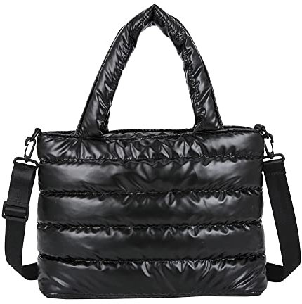 Flauschige Handtasche Damen Umhängetasche, Baumwolle Nylon Große Tote Bag, Stepptasche Shopper Gesteppte Tasche Damen, Einfarbig Crossbody Bag Damen breiter gurt für Arbeit Reisen Schule