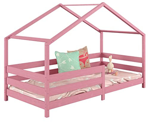 IDIMEX Lit cabane Rena lit Simple Montessori pour Enfant 90 x 190 cm, avec barrières de Protection, en pin Massif lasuré Rose
