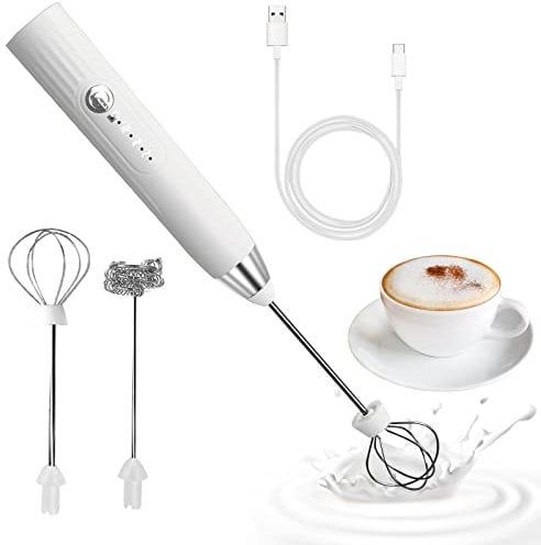 espumador de leche, USB Recargable batidor de leche, 3 velocidades ajustable espumador leche electrico para capuchino, matcha, café (Blanco Plateado)