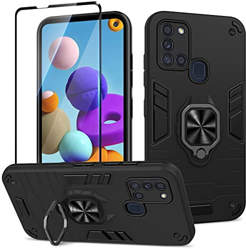 Btstring Hülle kompatibel mit Samsung Galaxy A21S mit Schutzfolie, Militär Standard Stoßfest Handyhülle Case Hybrid Metall Ring Halter Schutzhülle Handy Hüllen Cover -Schwarz
