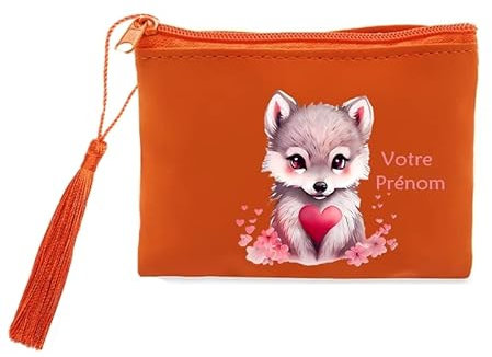 Porte Monnaie et cles Orange Chien et Fleur de Cerisier Coeur Personnalisable