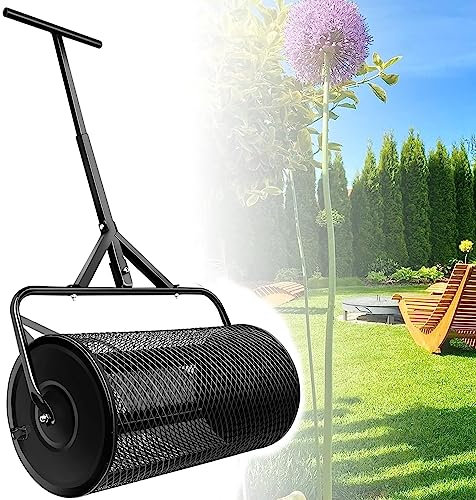 Épandeur de Compost, Rouleau de Pelouse Durable, Épandeur de Fumier Léger avec Poignée en Forme de T Améliorée, Épandeur de Sol Supérieur,Black-12.5 * 24in