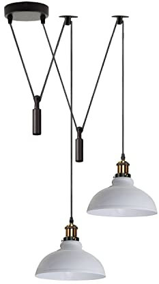 LEDSone Pendelleuchte, Schirm, 2-flammig, Deckenspinne, Metall, verstellbar, 195 cm Kabel, Vintage-Edison-Sockel mit E27-Glühbirne, industrielle Retro-Beleuchtung, Insellampe (Weiß)