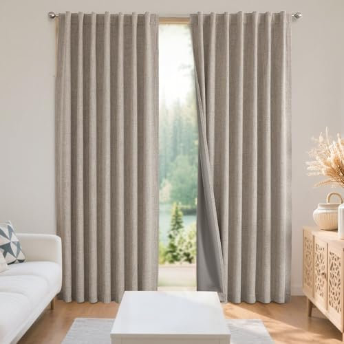 Joydeco Linen Curtains 120 inches Long 100% Blackout Drapes 120 inch Length 2 Panels Set for Bedroom Living Room Black Out Darkening Curtain Thermal Insulated Back tab Rod Pocket(52x120 inch,Linen)