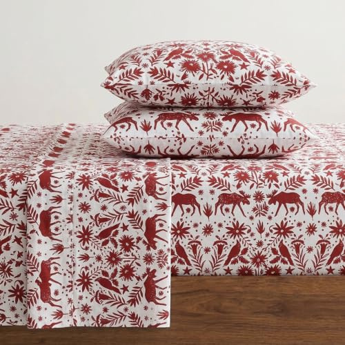 Eddie Bauer 4 Pc Flannel Sheets Full Size - 100% Cotton Breathable & Soft Full Size Bed Sheets Set (1 Flat, 1 Flannel Fitted Sheet, 2 Pillowcases) - 15 Deep Pocket All Seasons Sheet Set (Arcadia Red)