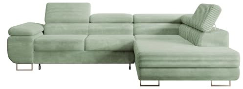 Selsey STEVIL - Ecksofa L-Sofa mit Schlaffunktion, Bettkasten, Ottomane rechts, Cordbezug Salbeigrün
