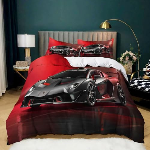 WHUOEUCO Bettwäsche 135x200 Schwarzes Sportwagenmuster Bettbezug Set Weiche Komfort Microfaser Bettwäsche Set Mit Reißverschluss Und 2 Kissenbezug 80x80 cm