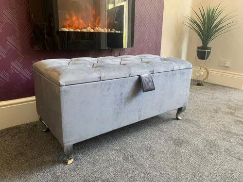 SK LUXURY LIVING Ottoman Storage Box - Engineered Wood Fabric Buttons Luxurious Plush Velvet Ottoman Storage Bench, Perfectly Designed Ottoman for Bedroom Storage (Silver Plush, Legs)