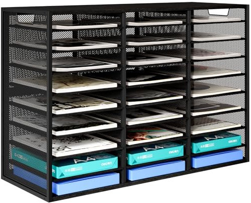EasyPAG 27 Fächer Metall Holz A4 Büro Schreibtisch Organizer Dokumentenhalter Aktenablage Zeitschriftenhalter Briefablage Papier Magazin Organisator,Schwarz