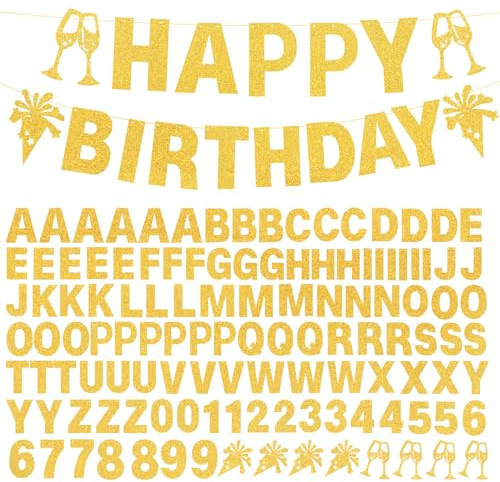 129 Stück DIY benutzerdefinierte Buchstaben Banner Glitzer anpassbares Banner Kit 0-9 Zahlen DIY Happy Birthday Buchstaben Lichtseil personalisierte Banner für Hochzeit Geburtstag Party Dekorationen