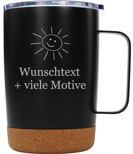 Edelstahl Tasse Schwarz mit Kork 300 ml mit Gravur und Motiv - personalisierter Becher mit Korkboden, doppelwandig, für Kaffee, Tee, heiße Schokolade, mit Schiebedeckel