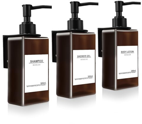 Roselee 3er Seifenspender Wandbefestigung Set, Seifenspender Dusche Ohne Bohren 300ml Seifenspender Wandmontage Braun Shampoo Spender mit Trichter und Wasserdichten Etiketten für Küche Bad