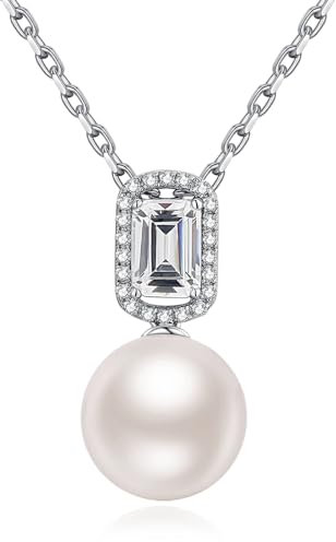 Perlenkette Damen 925 Sterling Silber Perlen Anhänger Halskette Smaragd-Schliff Imitations Diamanten Perle Zirkonia Schmuck Geschenk für Braut Weiß Perlen 12 mm