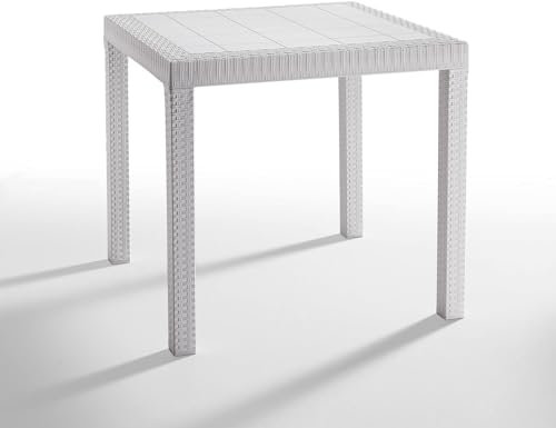 Tomaino - Tavolo da giardino in plastica quadrato 80x80 - Tavolino per esterno 4 posti effetto rattan per casa, bar e ristorante con foro per ombrellone (Bianco)