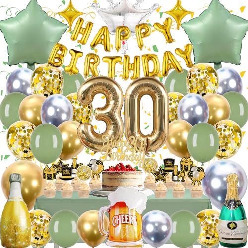 Zaztytoy 30 Geburtstag Deko Set für Mann & Frau – 55 Teile Komplettes Partyset in Gold & Grün, Elegante deko 30. geburtstag für Geburtstags Party, Jubiläum Party Deko, Feier